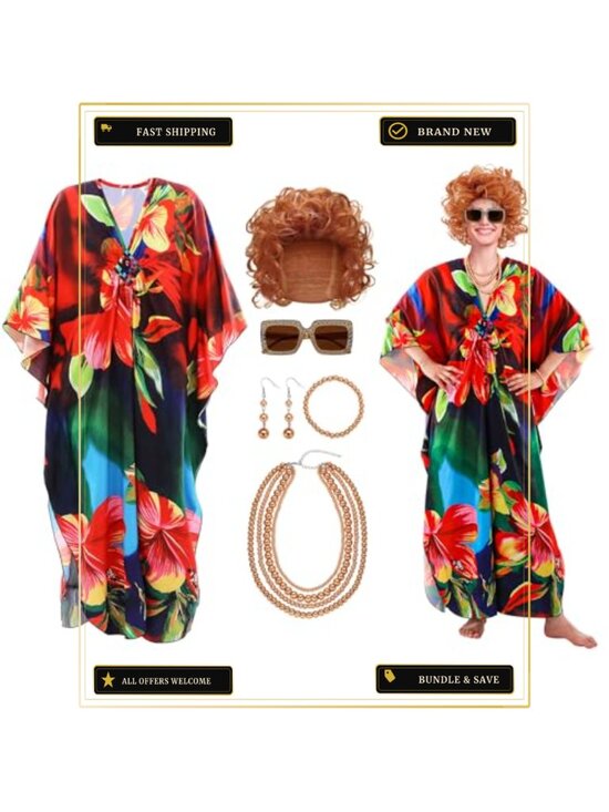Other - 6 Pc Landlady Halloween Costume Set Kaftan Dress Wig Jewelry Cosplay